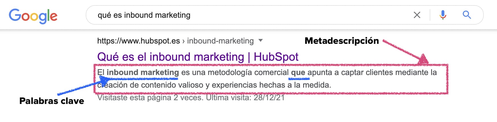 Ejemplo de una metadescripción en los resultados de un motor de búsqueda