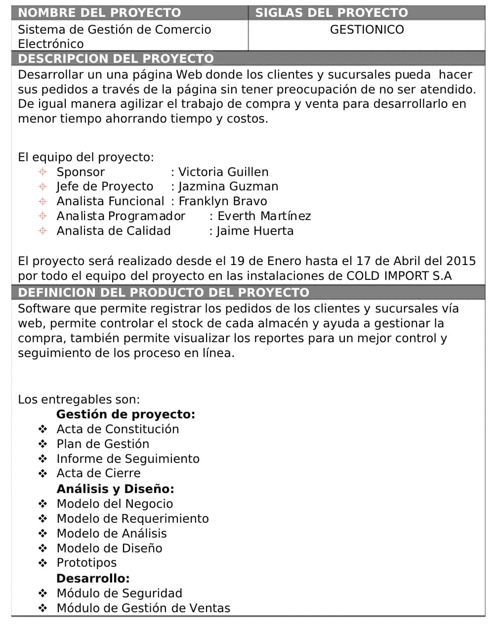 Ejemplo de project charter: Cold Import