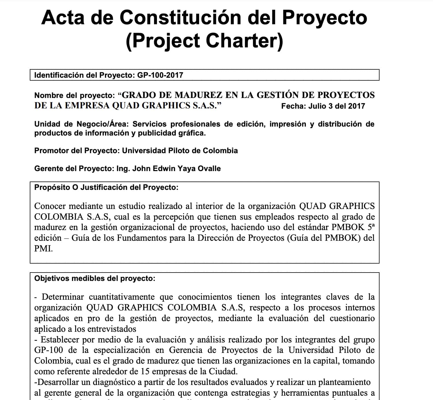 Acta de constitución de proyecto: ejemplo de Quad Graphics