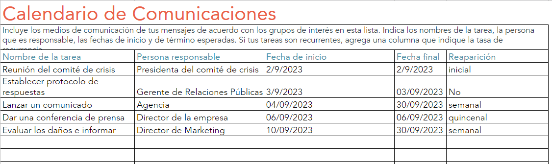 ejemplos de plan de comunicación de crisis, calendario