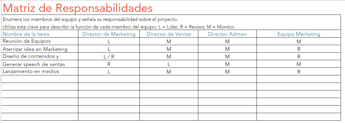 ejemplo de plan de comunicación para lanzamiento de producto: matriz responsabilidades