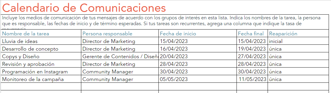 ejemplo de plan de comunicación para temporalidad: calendario