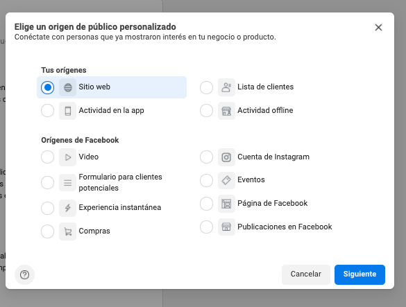 Cómo hacer remarketing en Facebook: haz clic en «Sitio web»