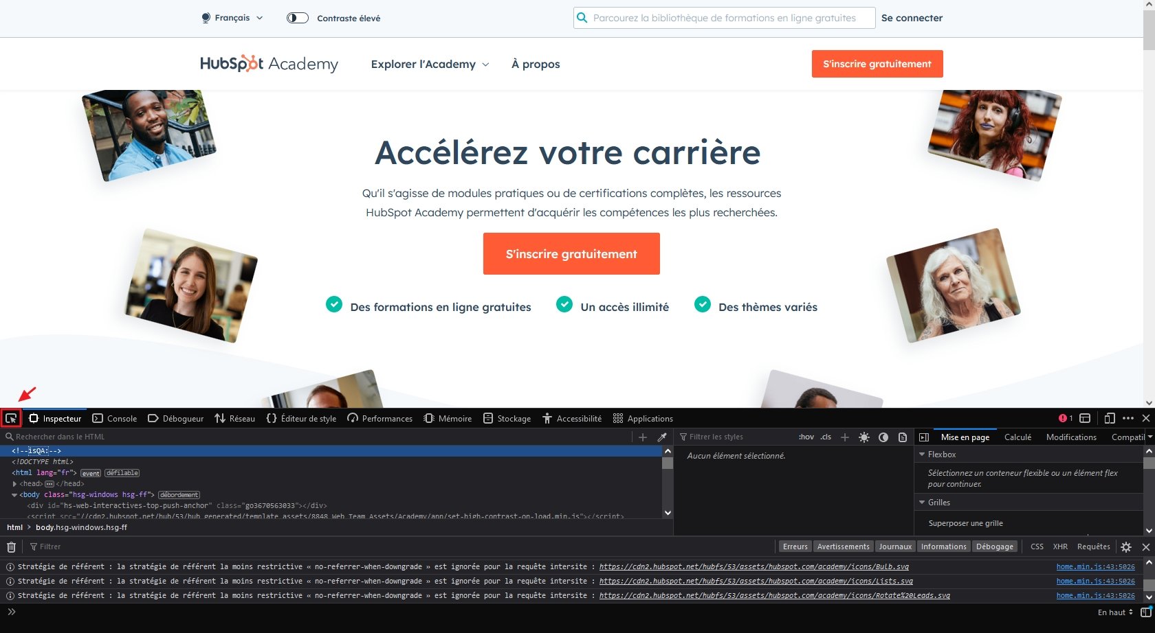 L'outil de sélection d'éléments sur une page web.