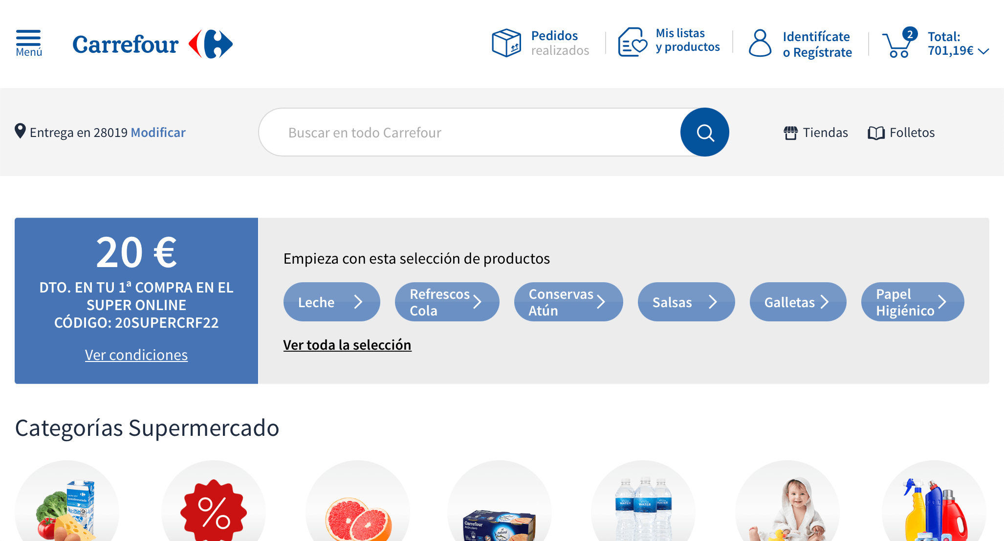 Ejemplo de página web dinámica: cesta de compras en Carrefour