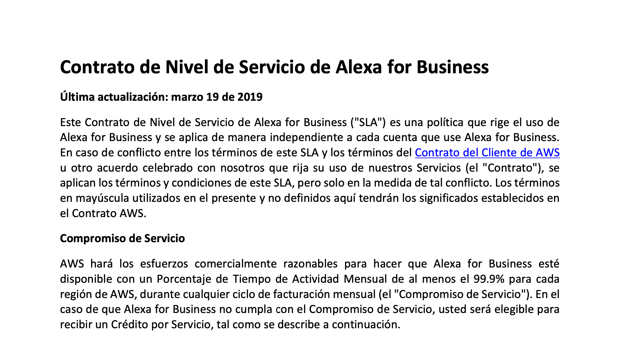 Ejemplo de acuerdos de nivel de servicio de AWS