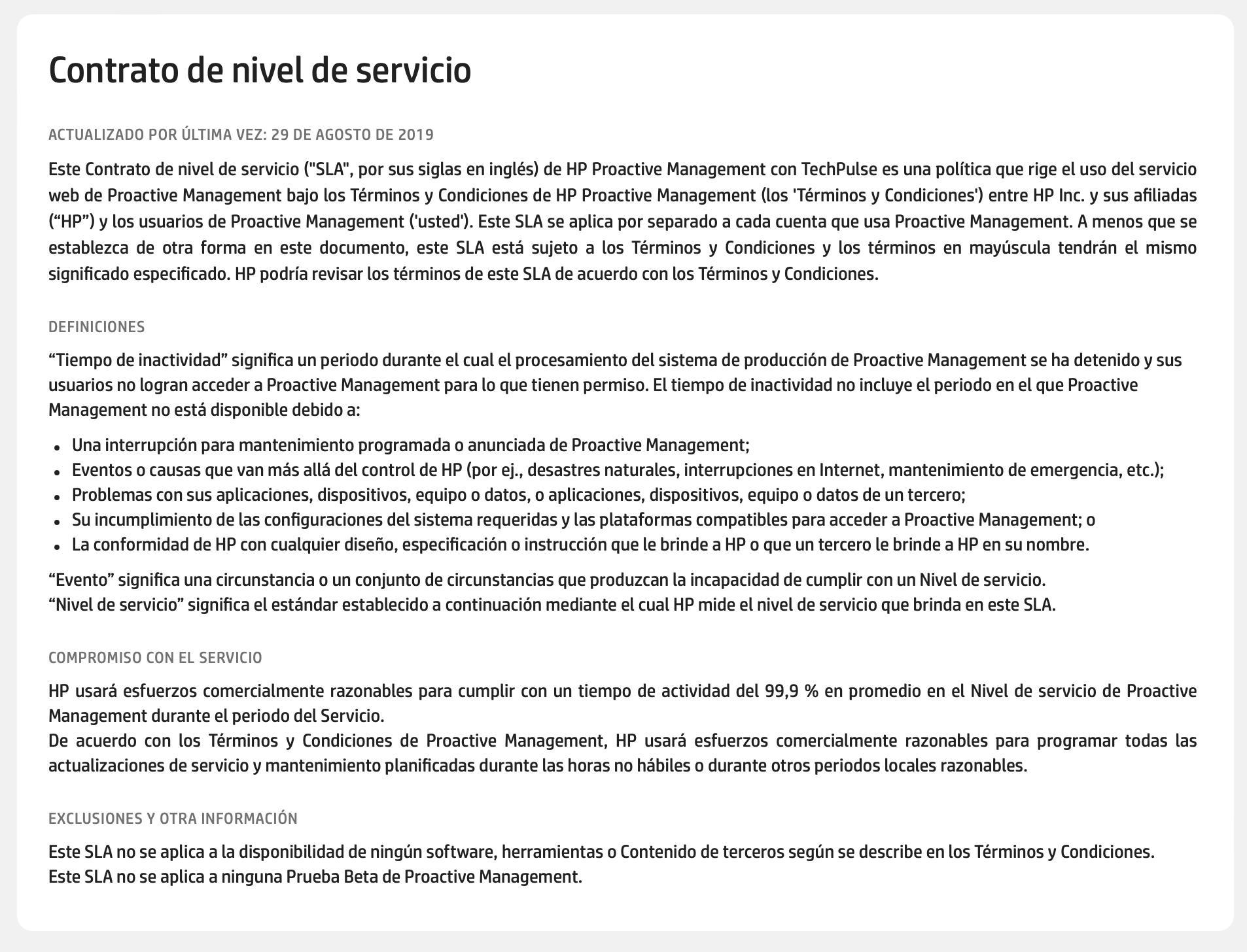 Ejemplo de acuerdo de nivel de servicio de HP