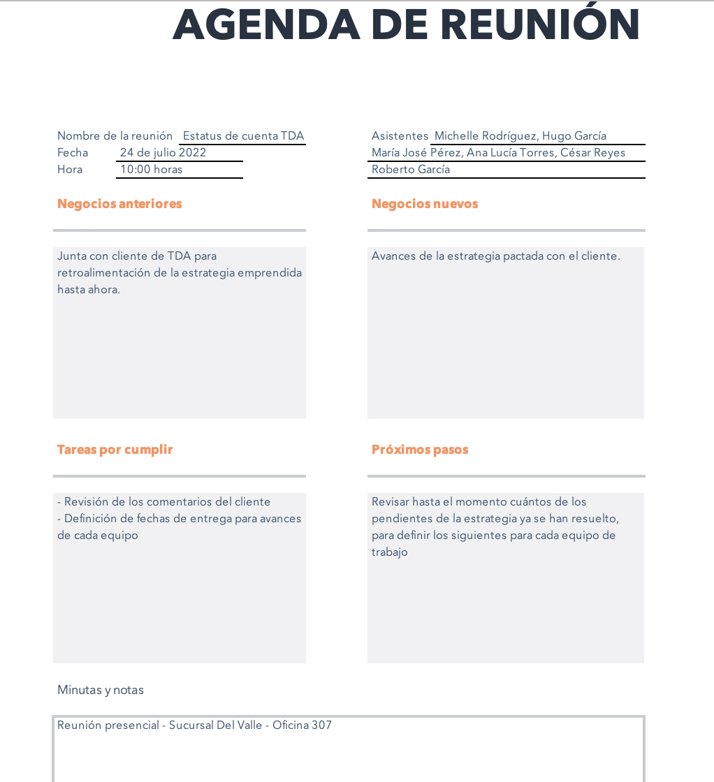 Ejemplo de una agenda de reunión para dar seguimiento a un estatus interno