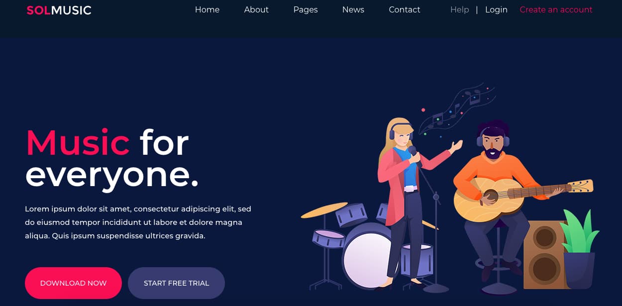 Template gratuito para landing page: Solmusic