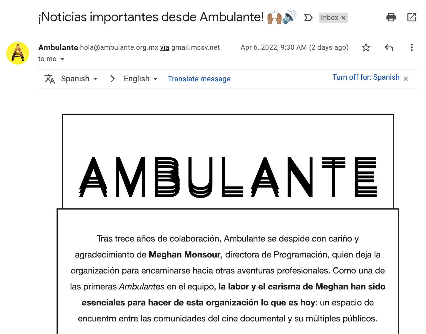 Ejemplo de texto persuasivo: correo electrónico de Ambulante