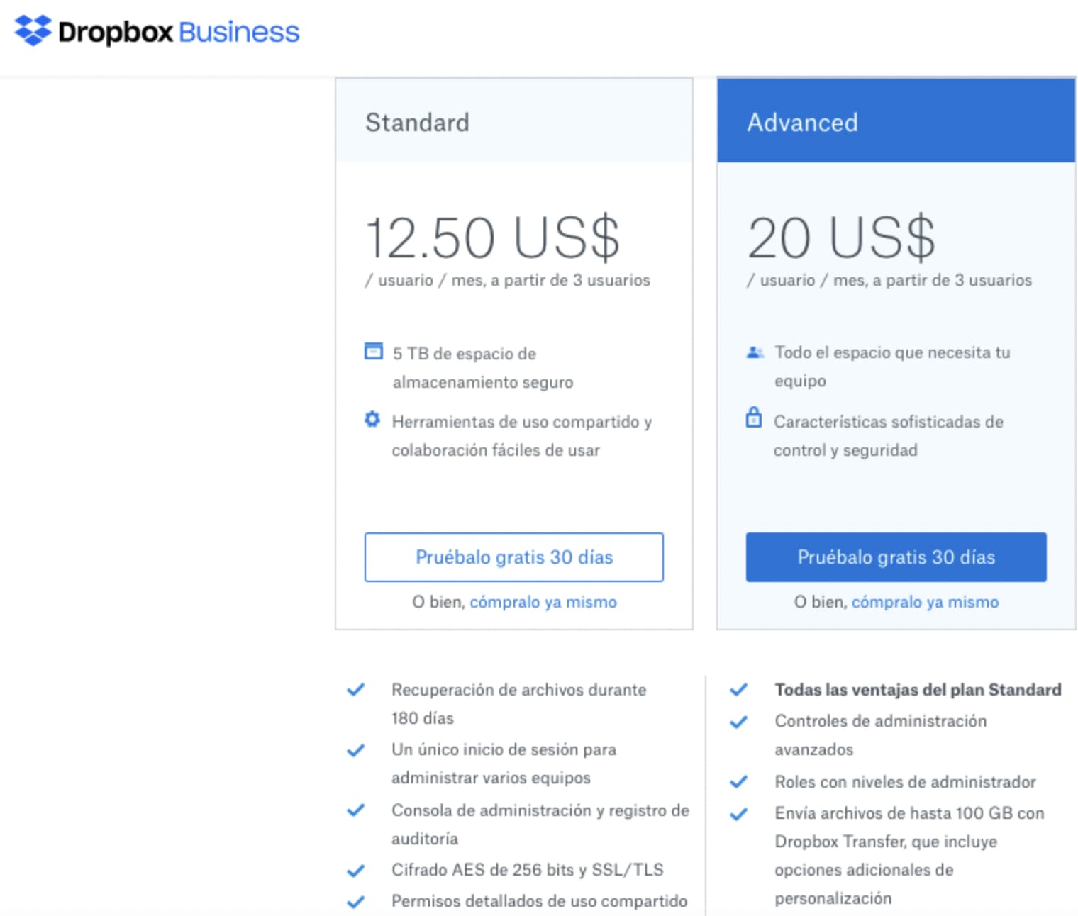 Ejemplo de tipos de descuentos de mejora de Dropbox