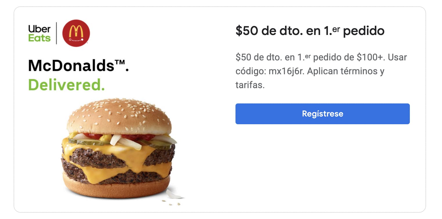 Ejemplo de tipo de descuento de primera compra de Uber Eats