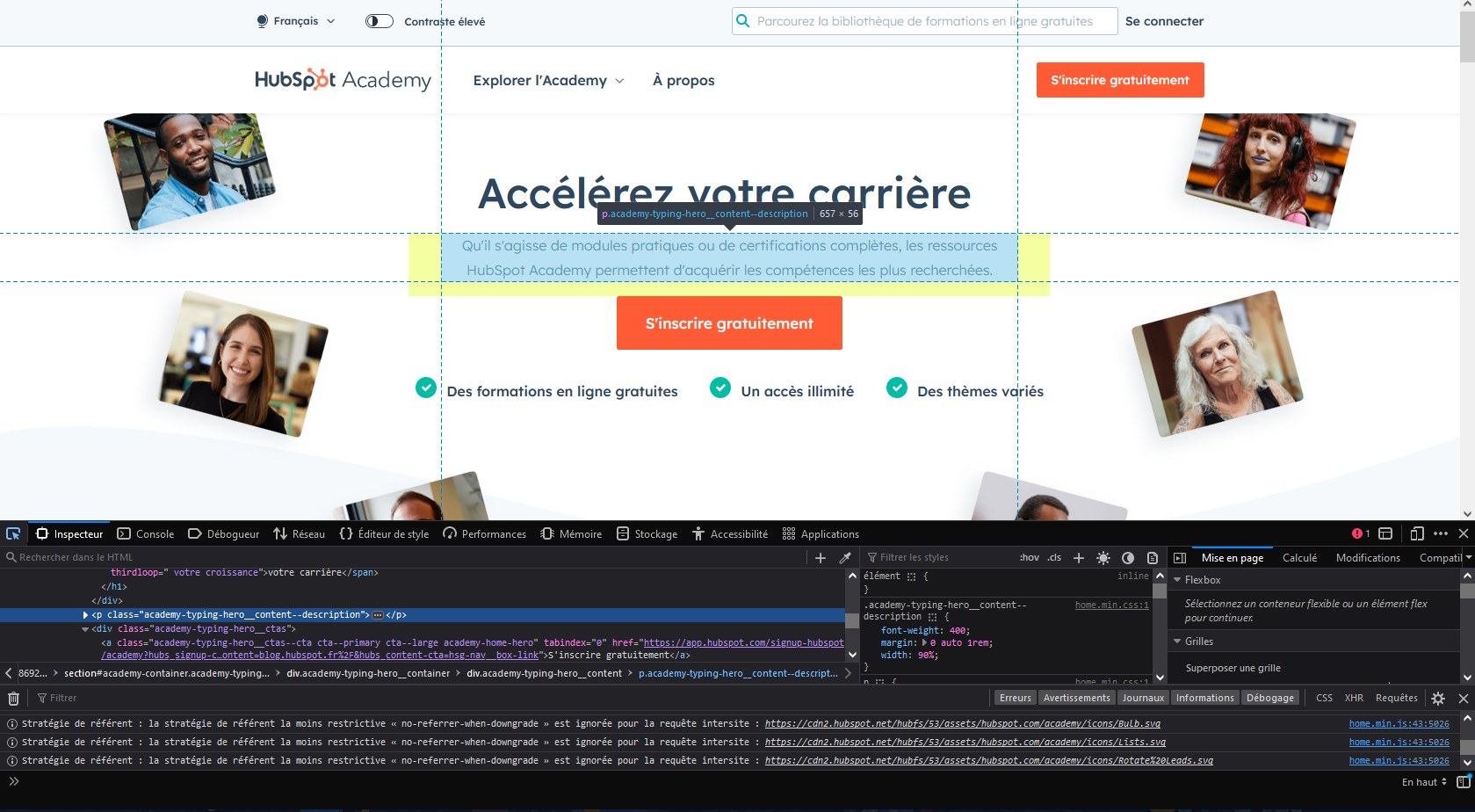 L'accès au chemin XPath sur la page web d'HubSpot.
