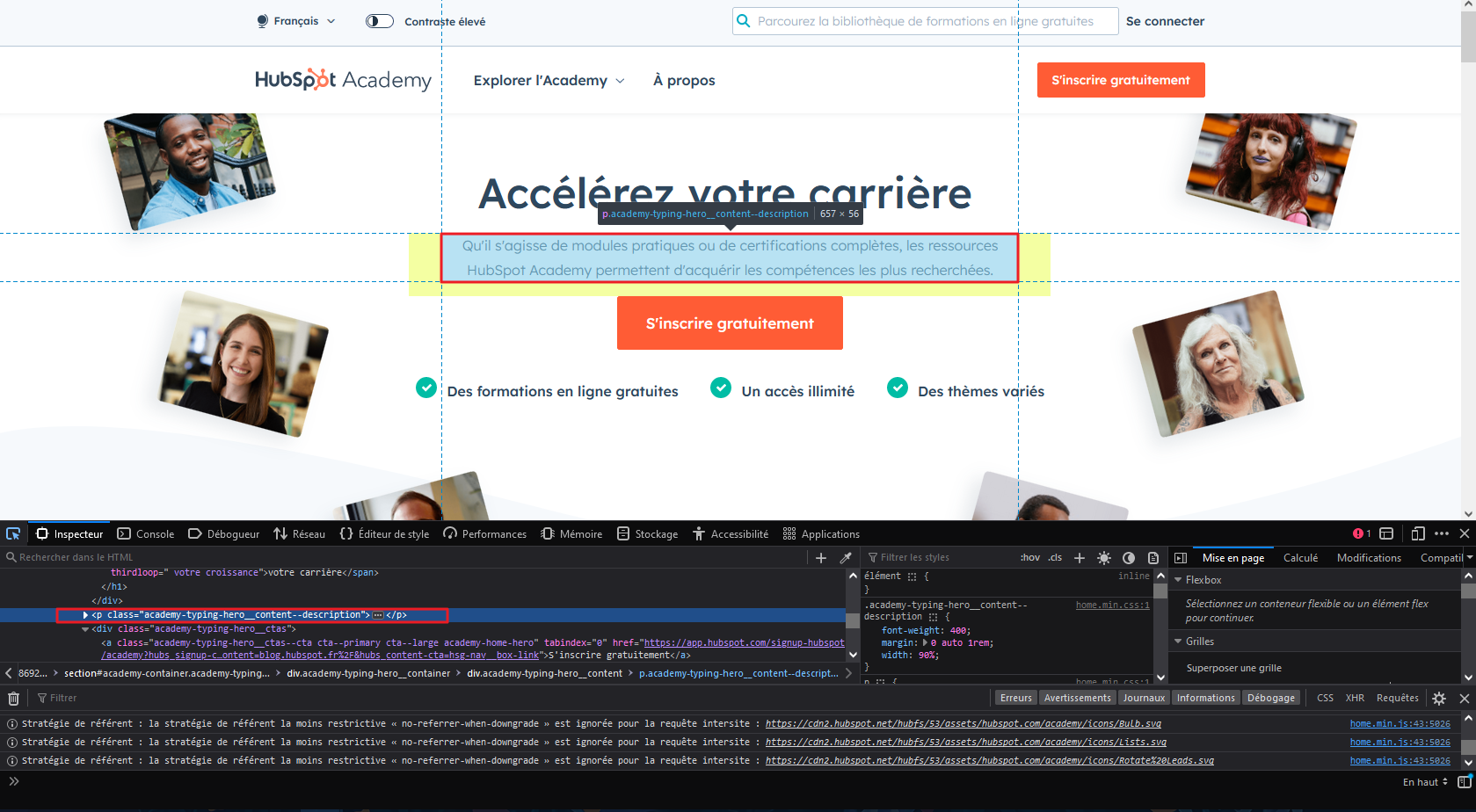 L'élément XPath dans le code source de la page web de HubSpot.