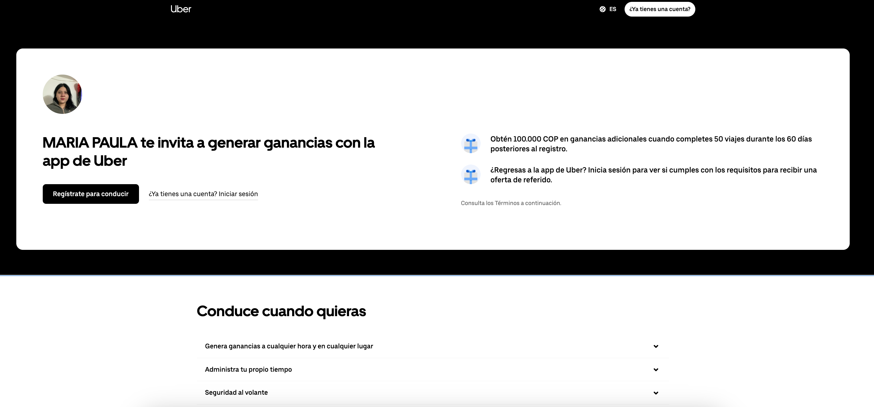 Ejemplo de landing page: Uber