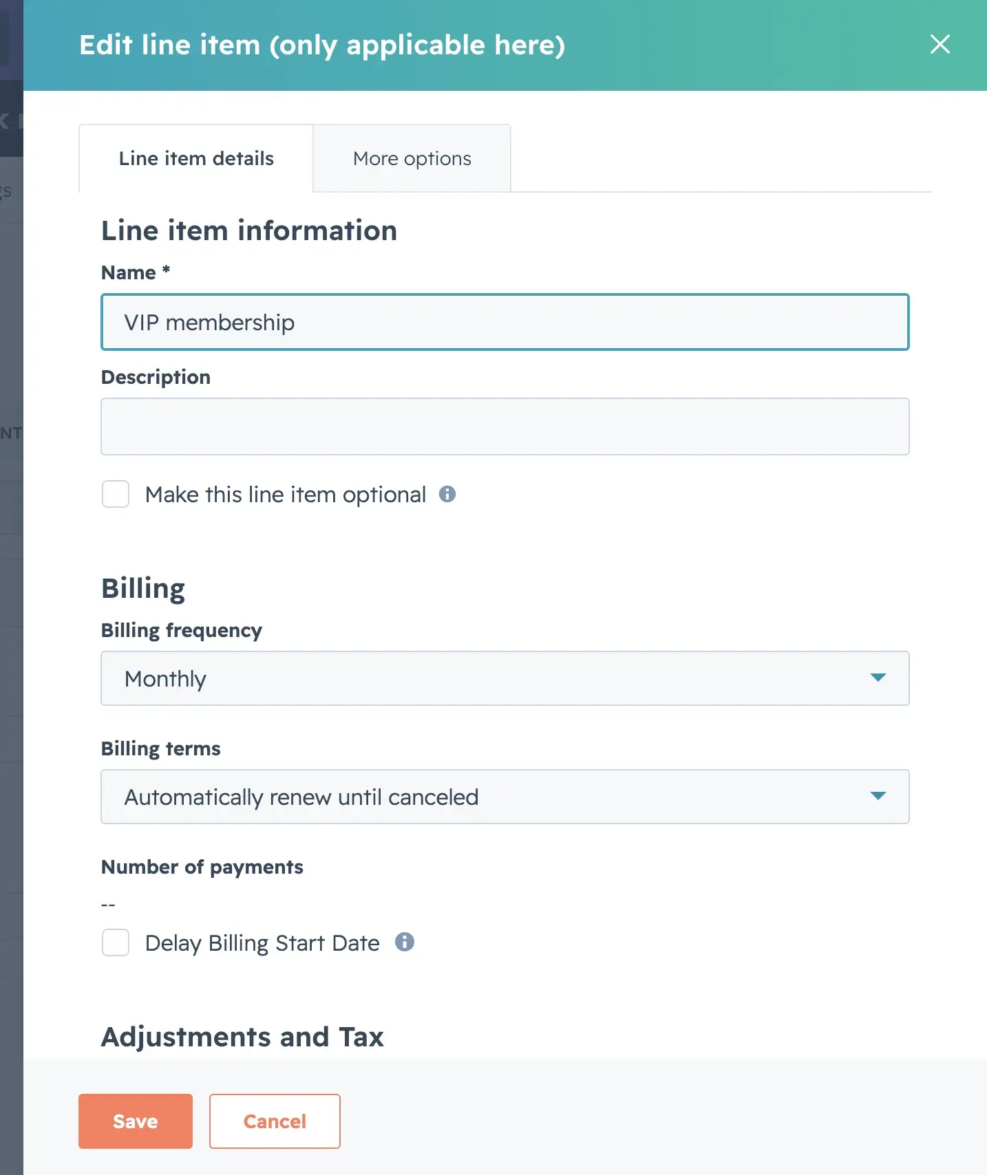 HubSpot edit line item form showing VIP membership billing frequency and renewal settings