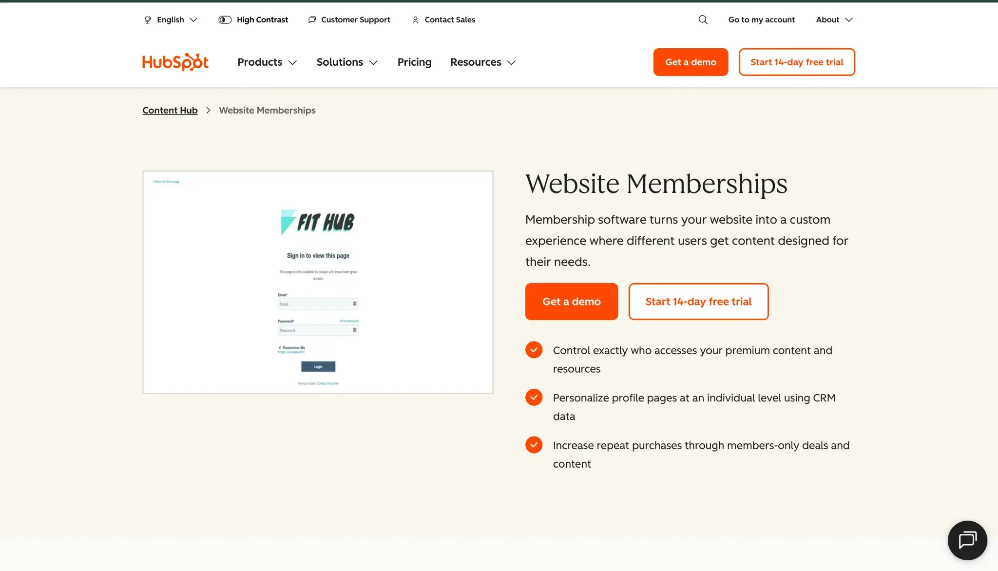 HubSpot Content Hub Website Memberships landing page with Fit Hub member login example