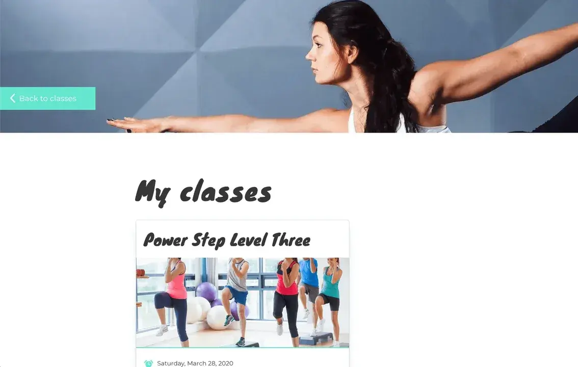 Fitness membership site showing member dashboard with available workout classes