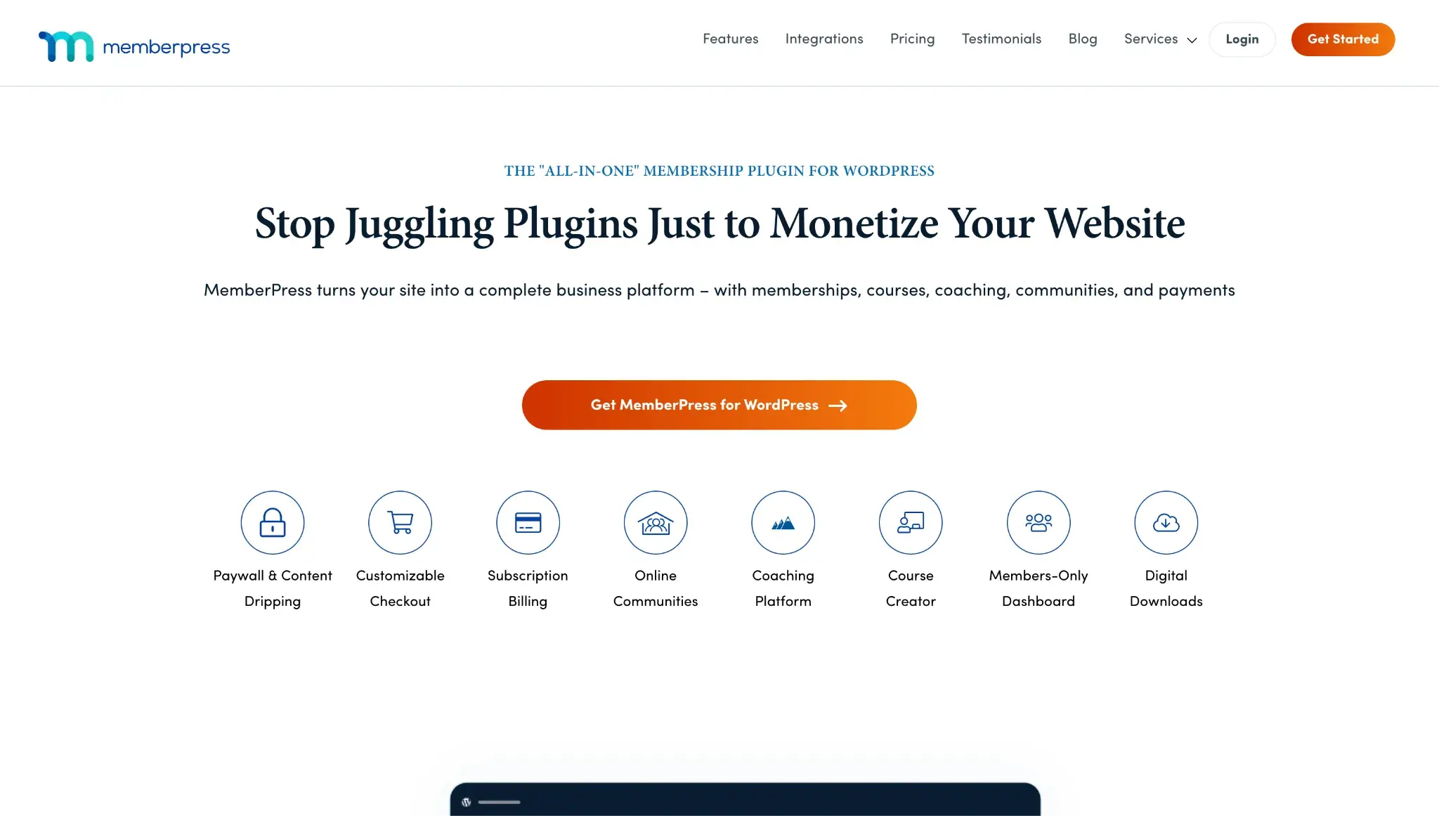 MemberPress WordPress plugin landing page highlighting membership features including paywall, billing, and communities
