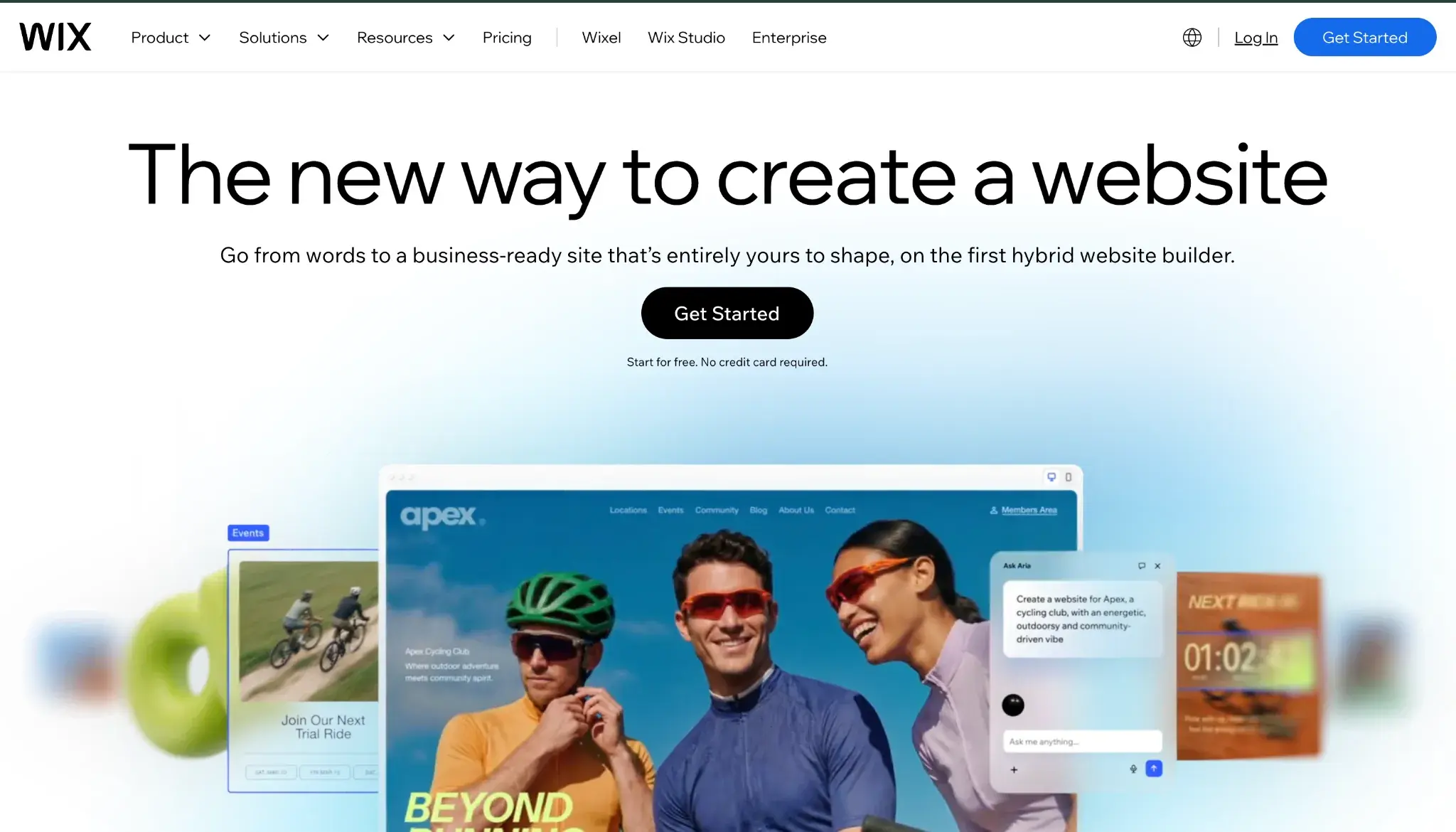 Wix homepage showing design tools and Apex Cycling Club site example