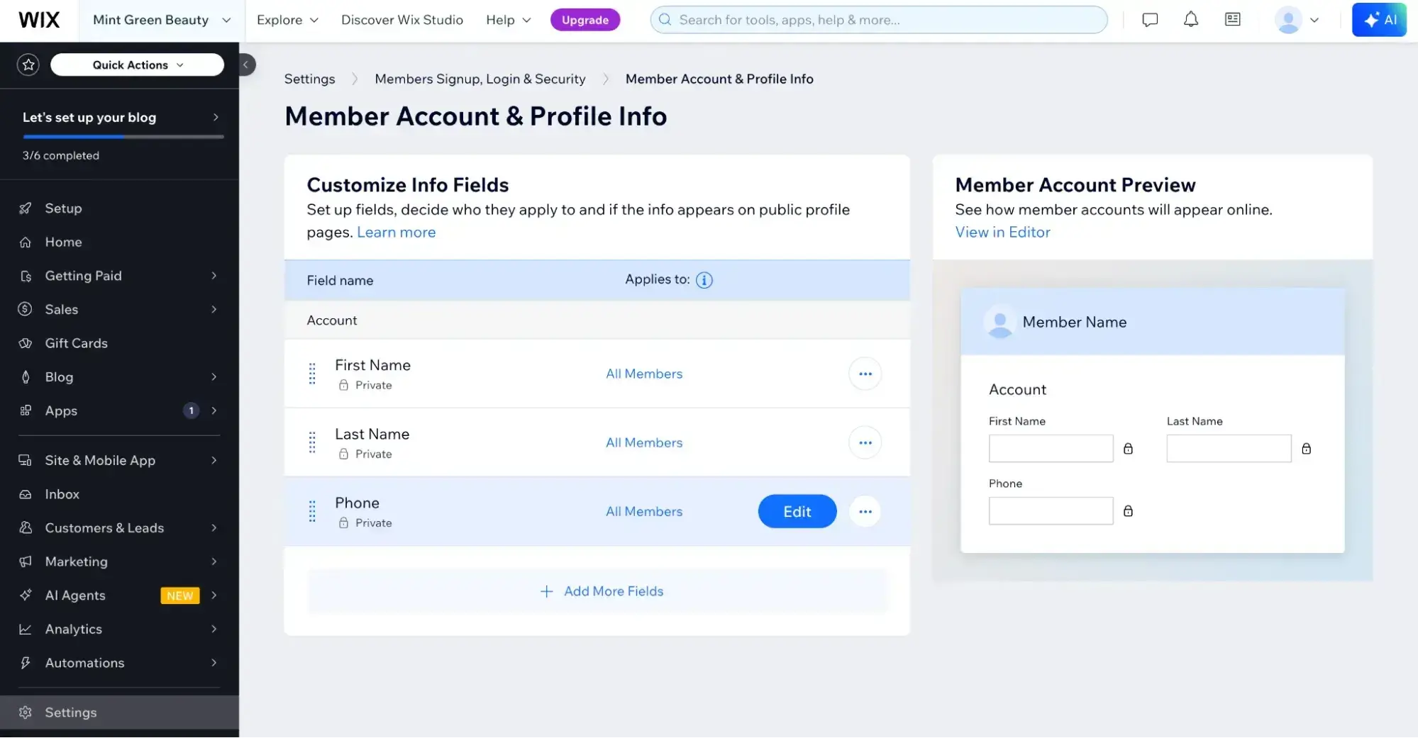 Wix Member Account and Profile Info settings showing customizable membership fields and preview panel