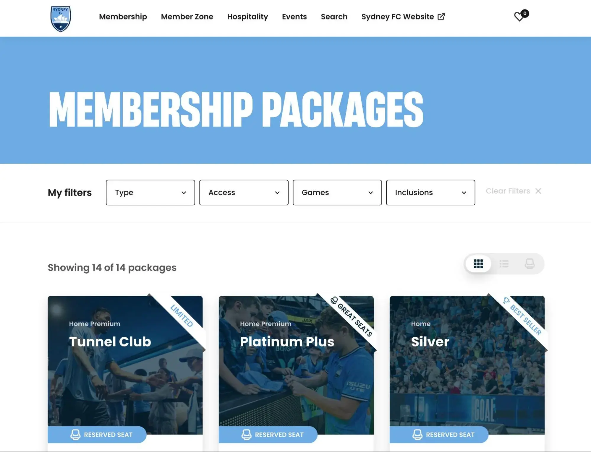 the page listing membership packages for sydney fc.