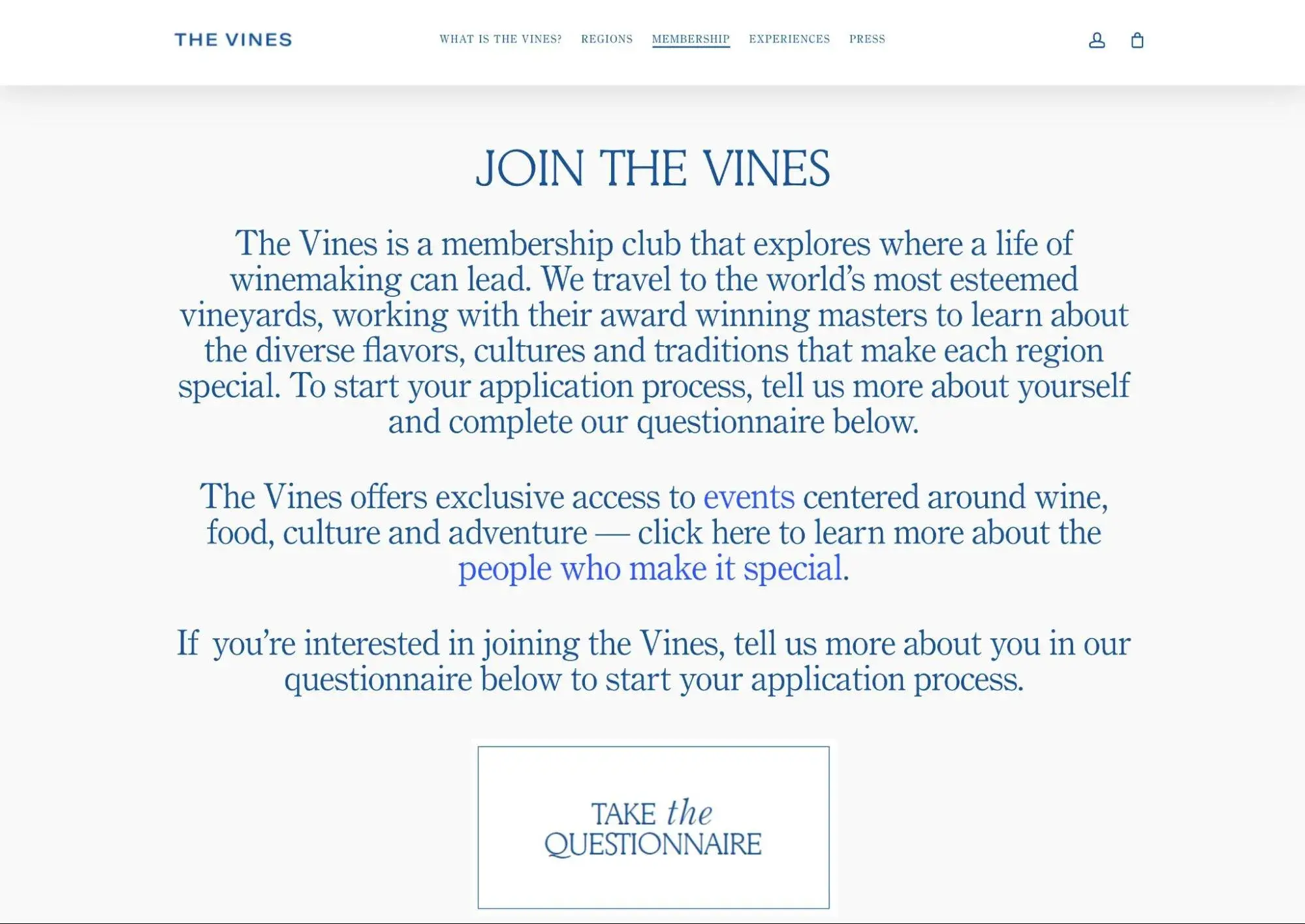 the membership explainer page for the vines.