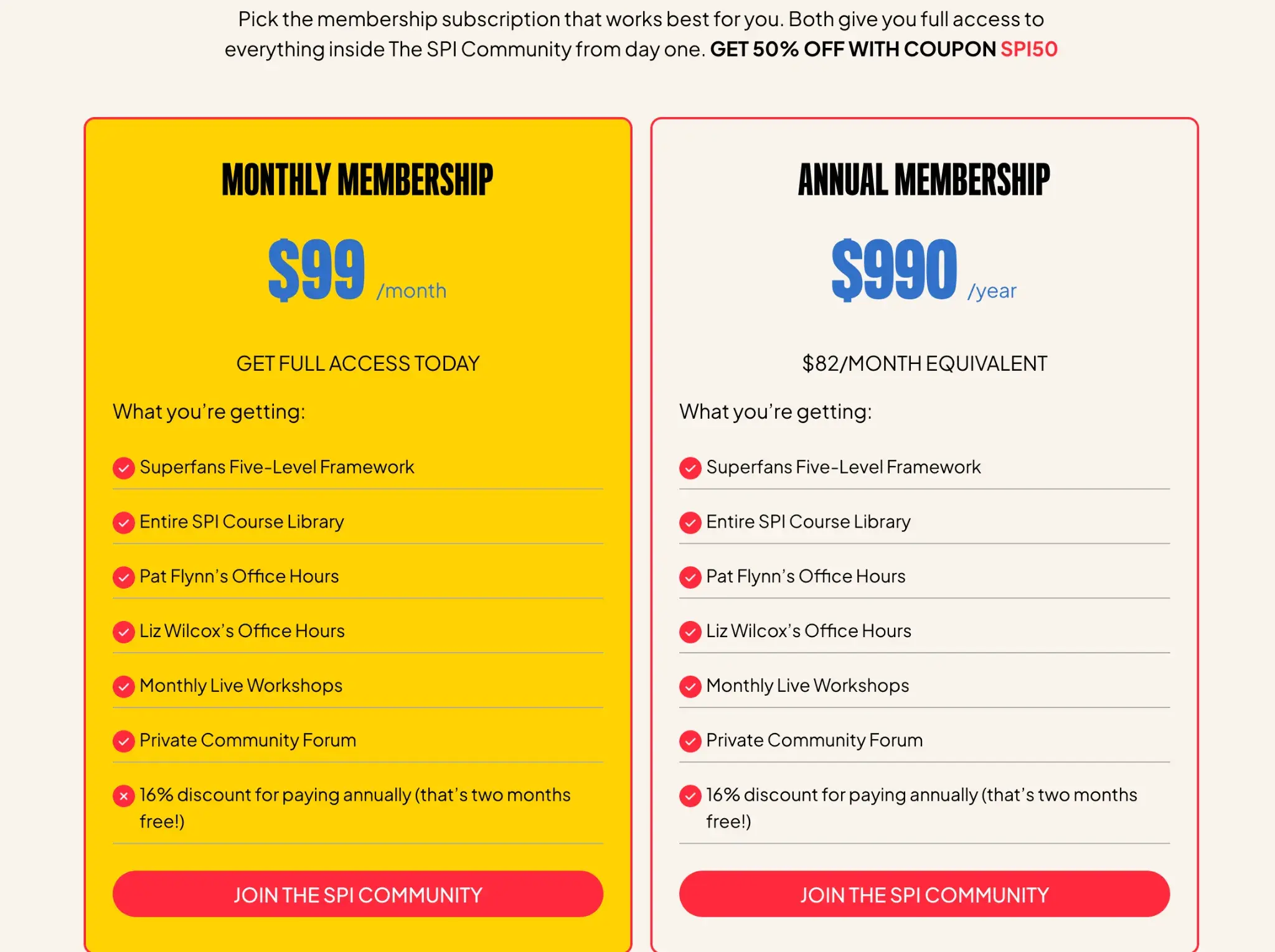 SPI Community membership pricing comparison showing monthly and annual subscription tiers