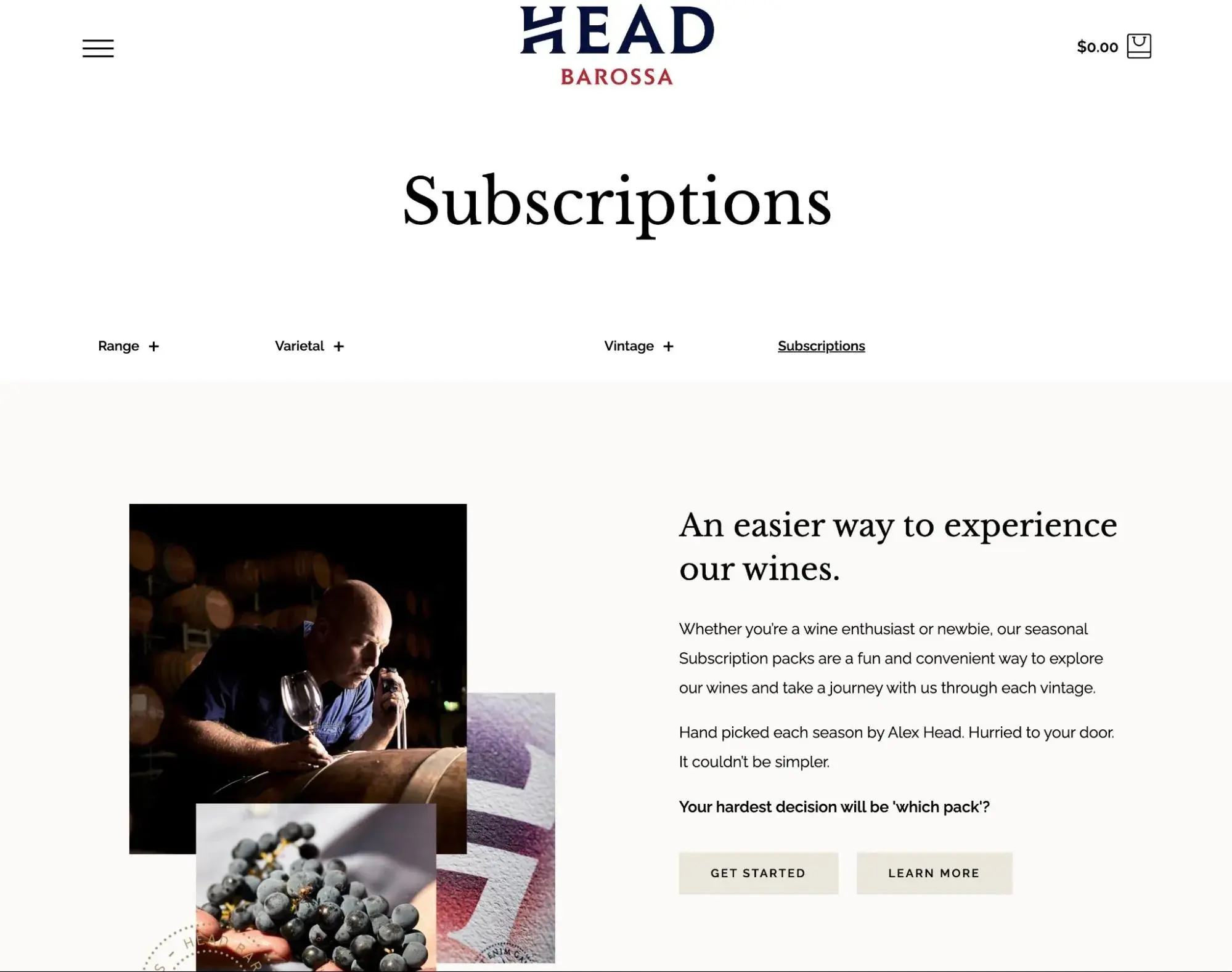 the subscriptions page for head wines.