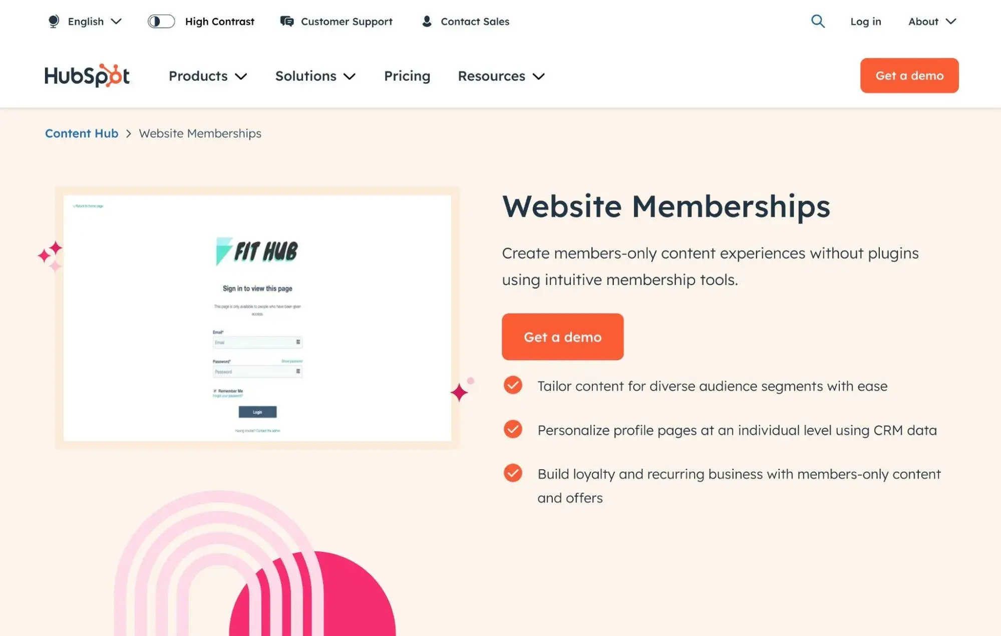 the hubspot website memberships landing page.