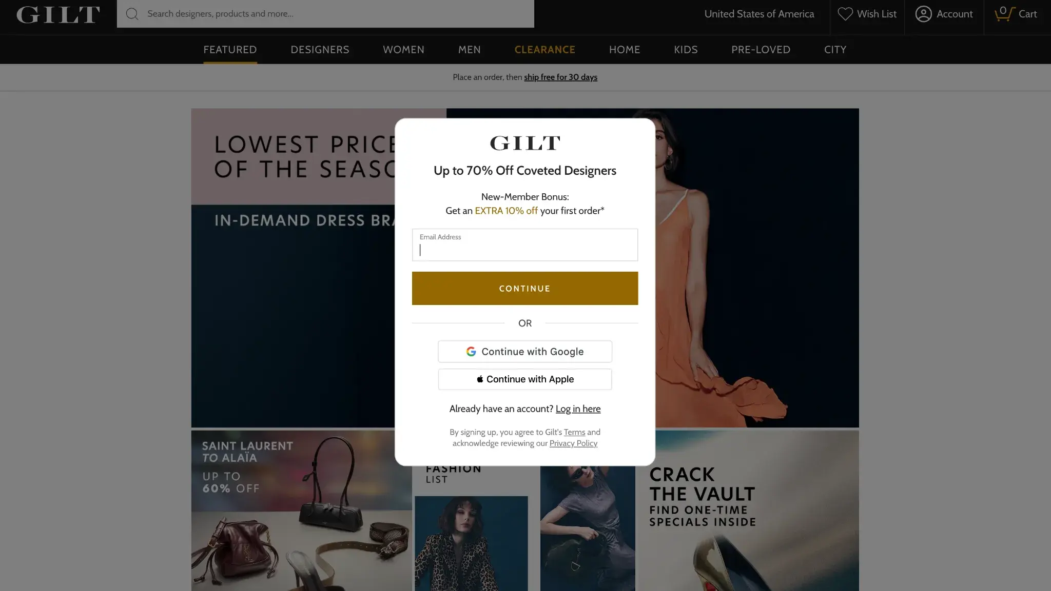 Gilt membership signup modal showing discount offer and login options
