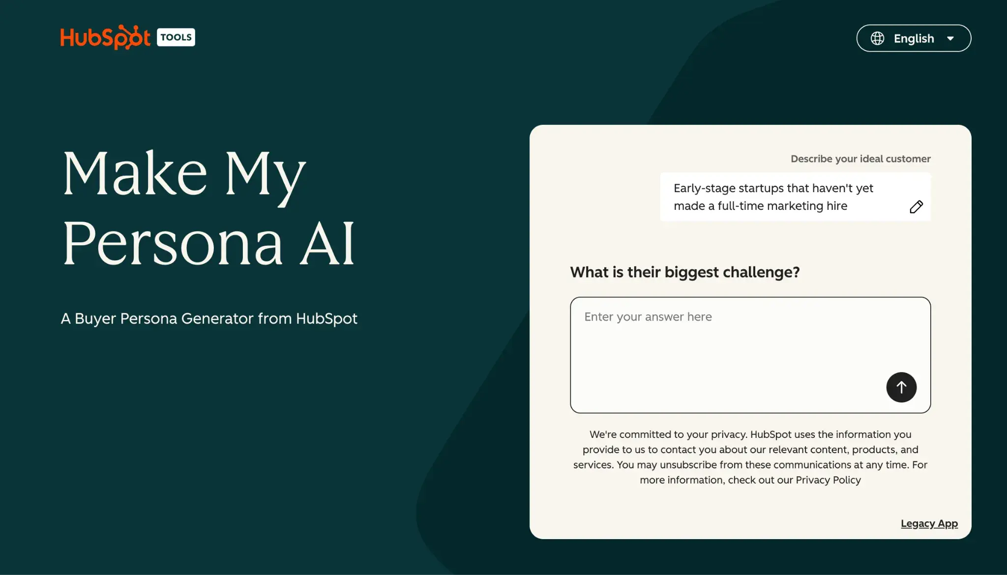 HubSpot Make My Persona AI tool interface for defining ideal customer
