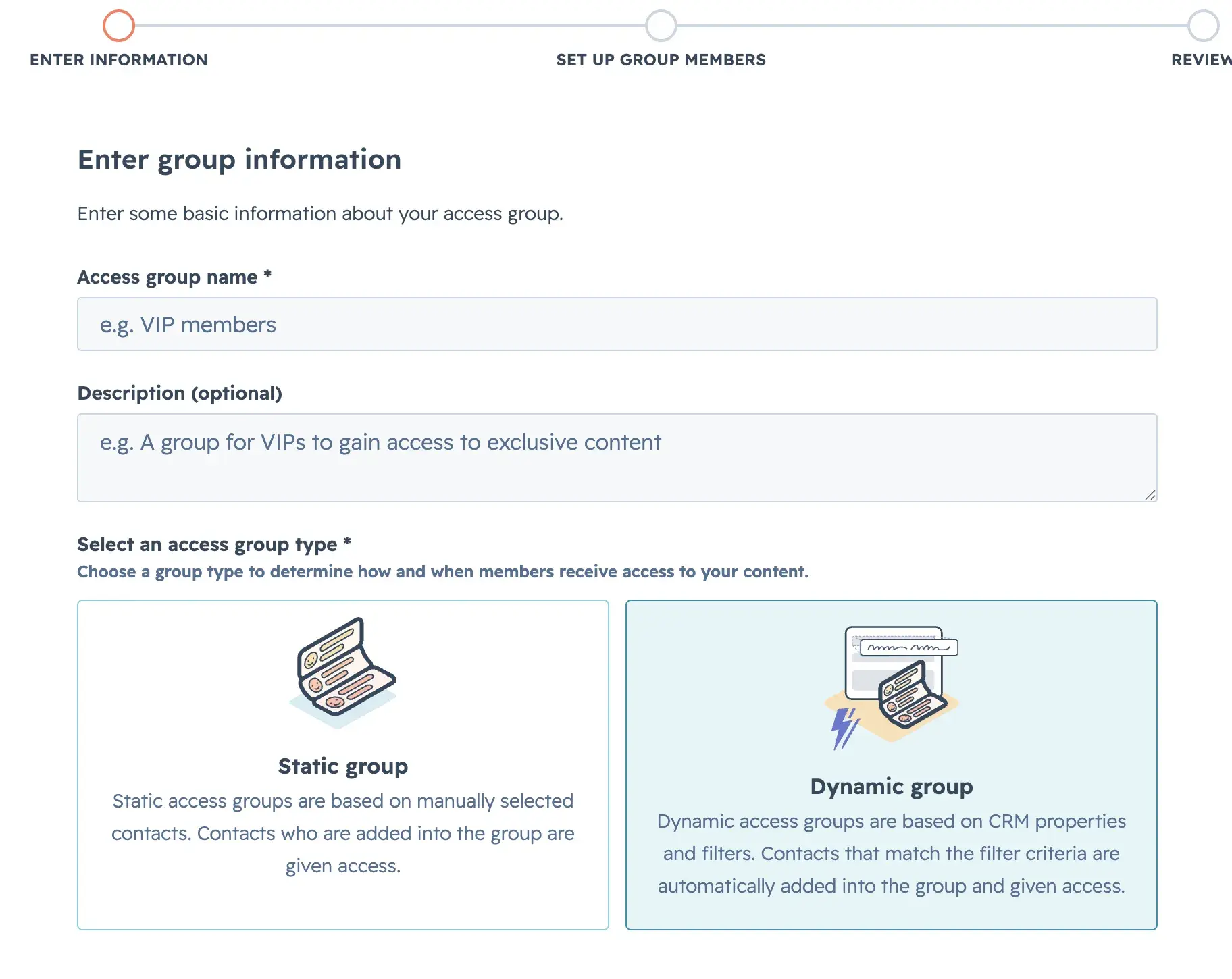 HubSpot access group creation form showing static and dynamic membership group options