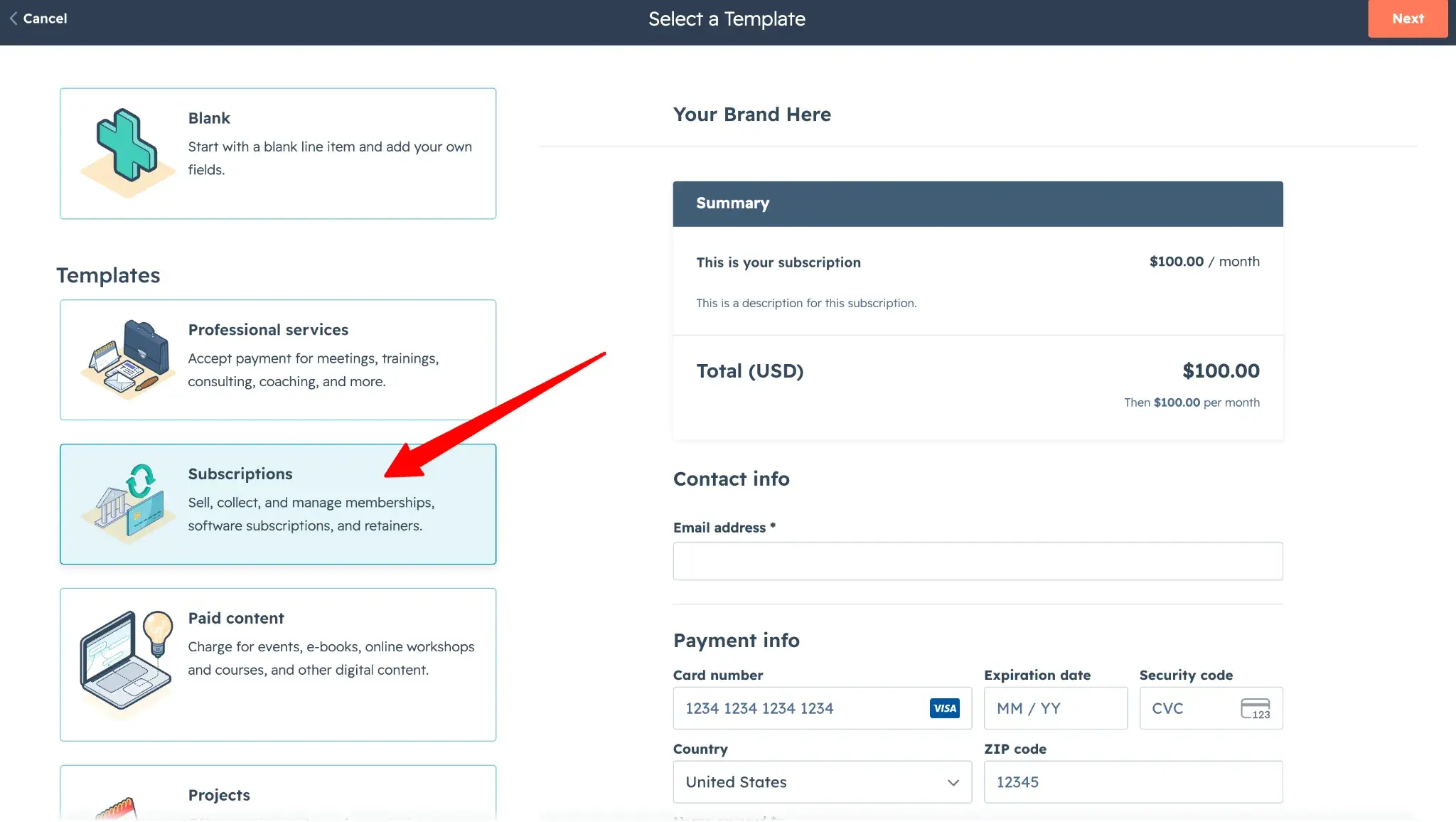 HubSpot payment template selection showing Subscriptions template for membership setup