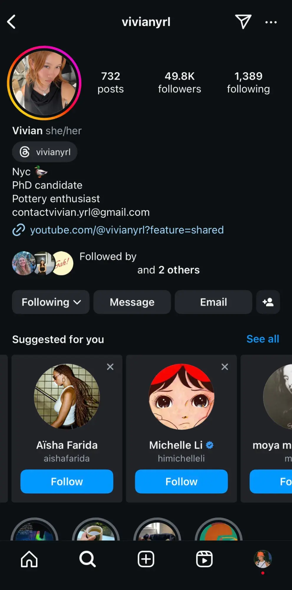 Micro influencer marketing: Click the Follow button on an influencers profile to receive other suggested accounts.