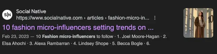 Micro influencer marketing: Google Search result for fashion style micro-influencers.
