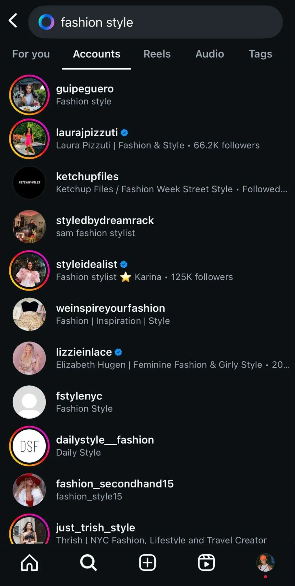 Micro influencer marketing: Results for fashion style searched on the Accounts tab on Instagram.