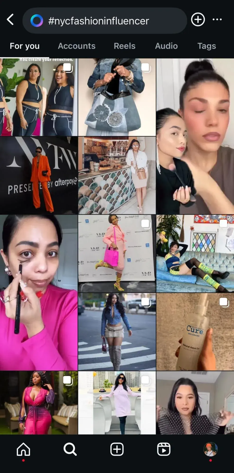 Micro influencer marketing: Search results for #nycfashioninfluencer in the For you tab.