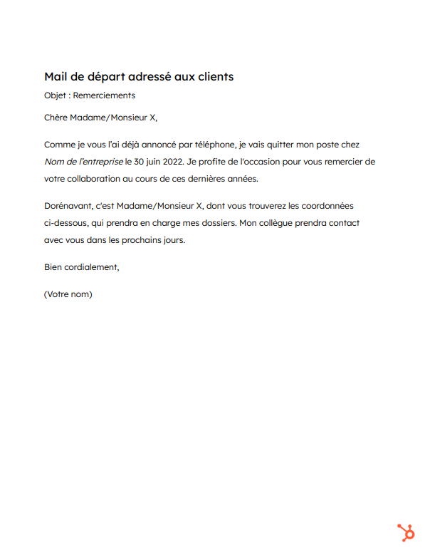 mail de départ adressé aux clients 