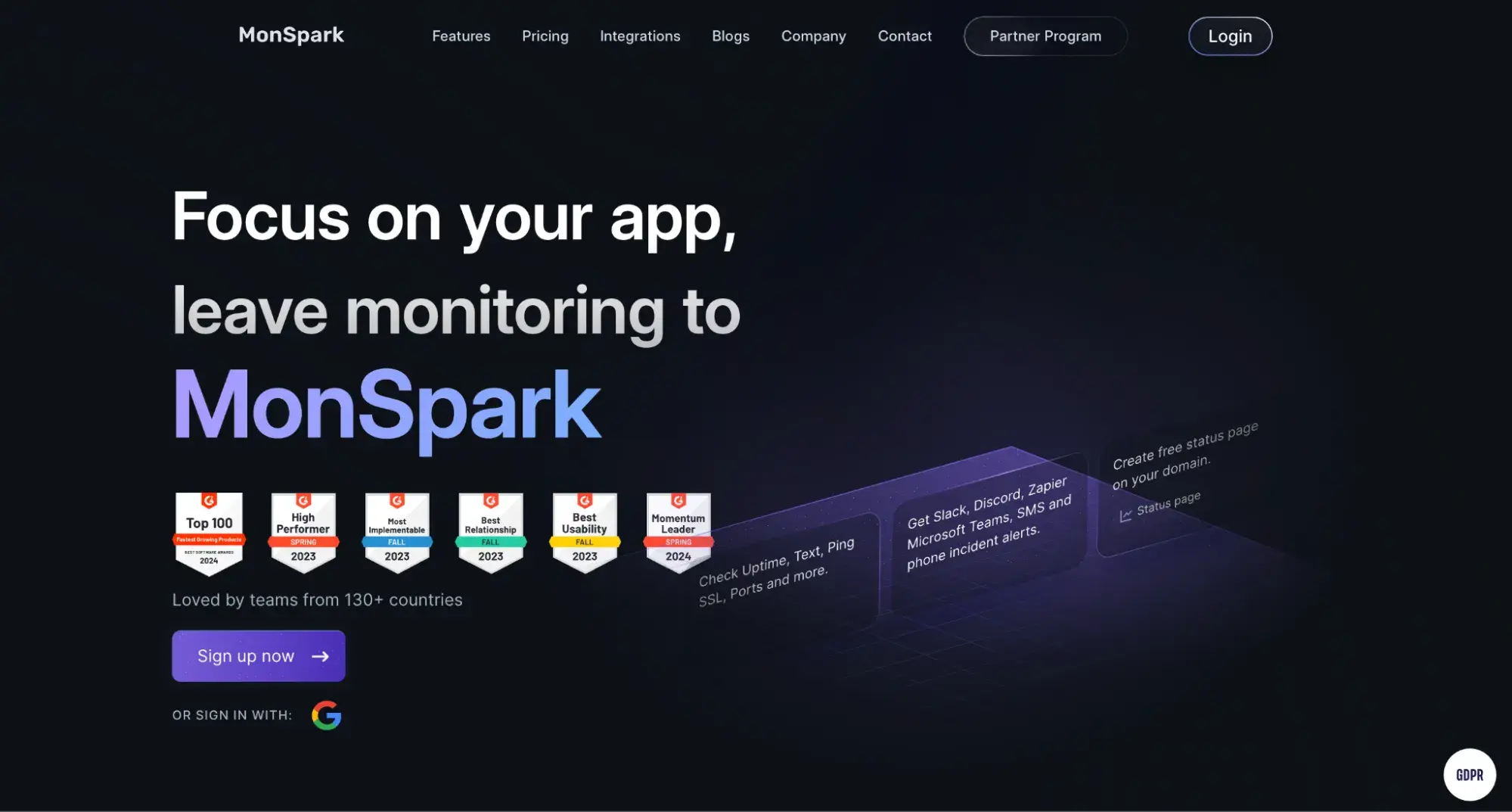 website homepage of monspark, a website uptime monitoring tool