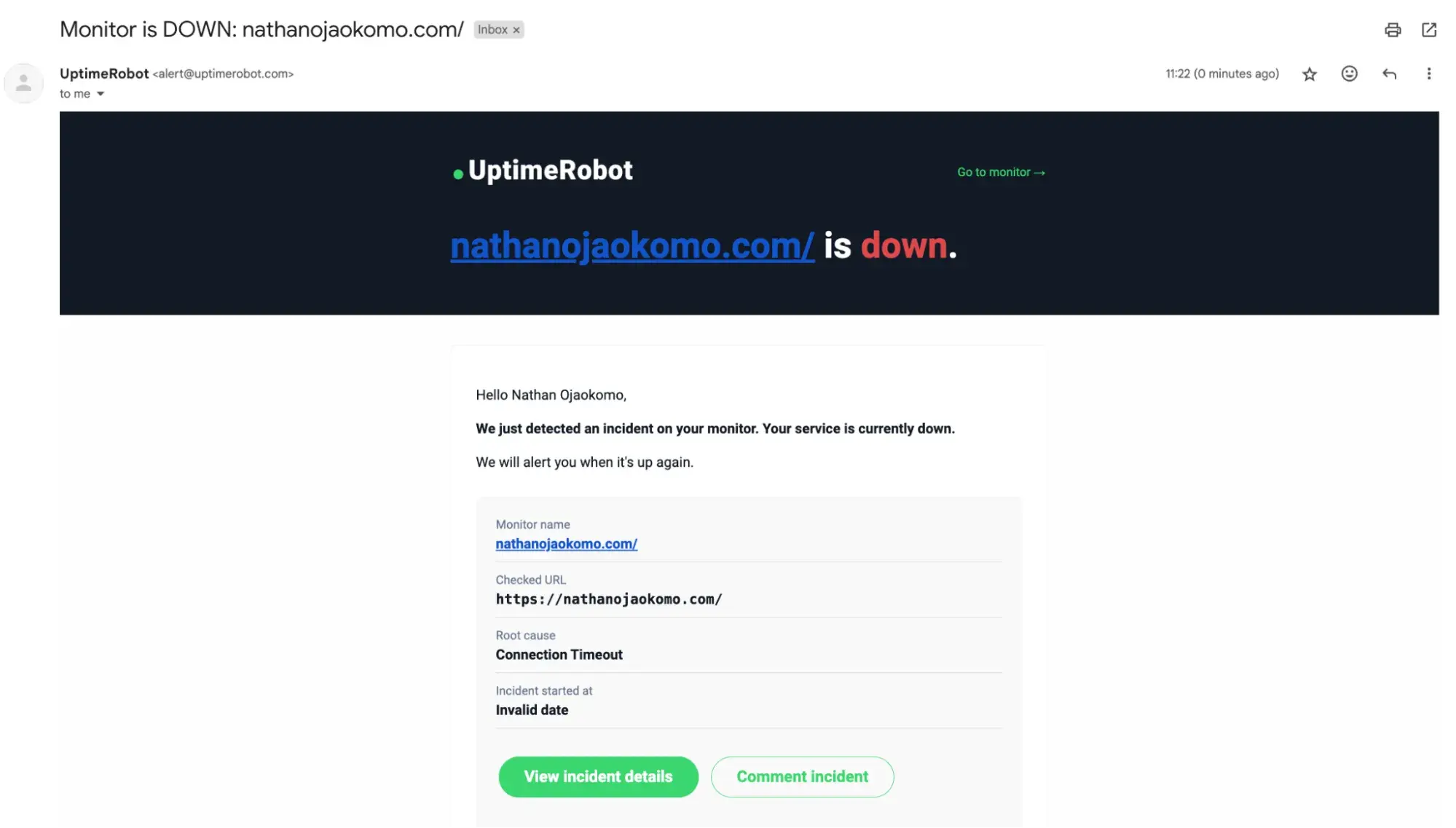 sample email notification showing that a website is down