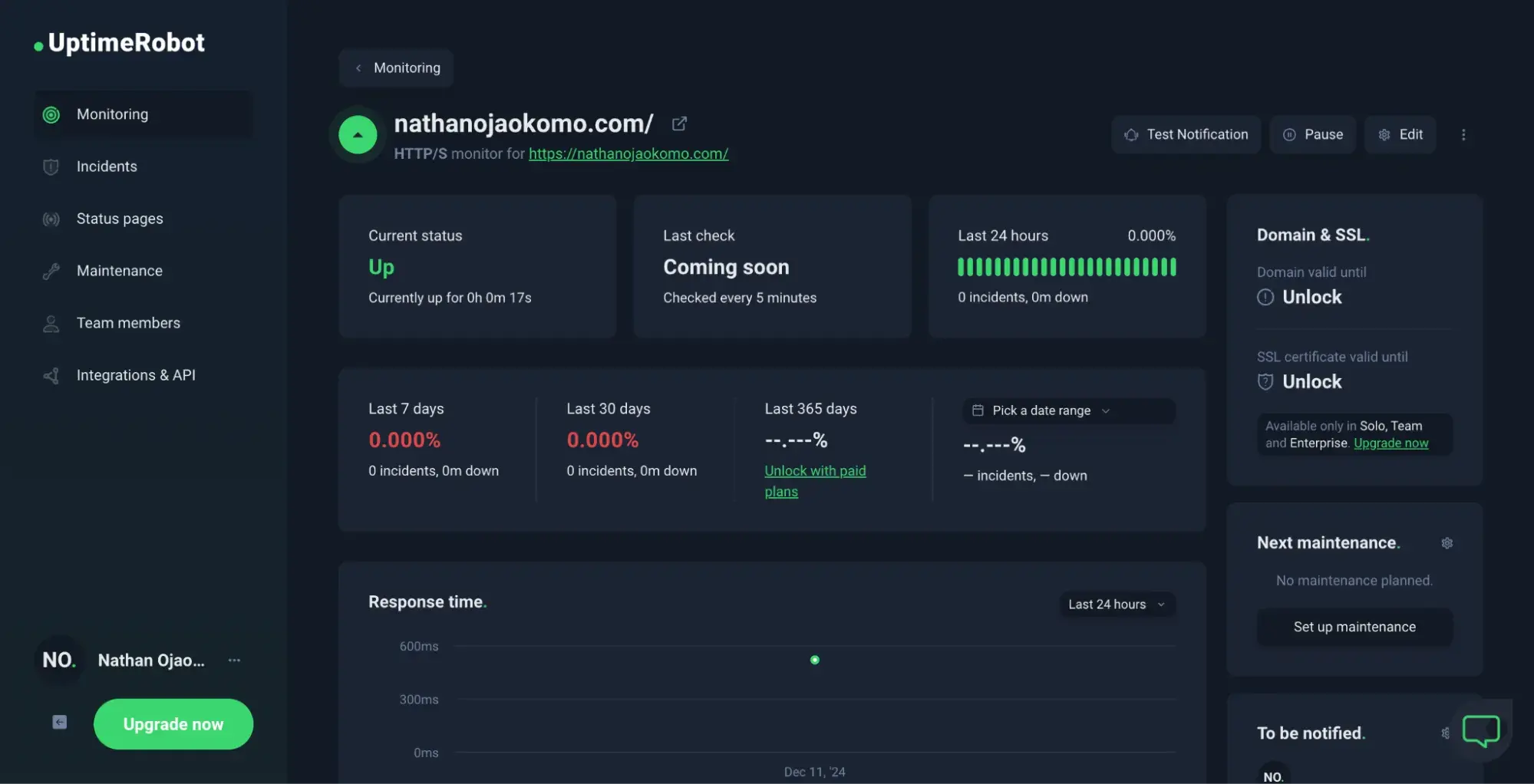 uptimerobot’s uptime monitoring dashboard