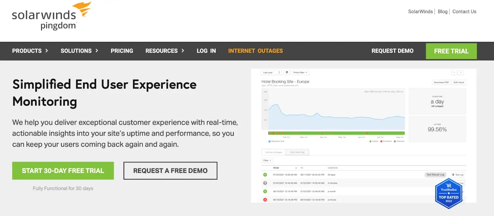 website homepage of pingdom, a website uptime monitoring tool