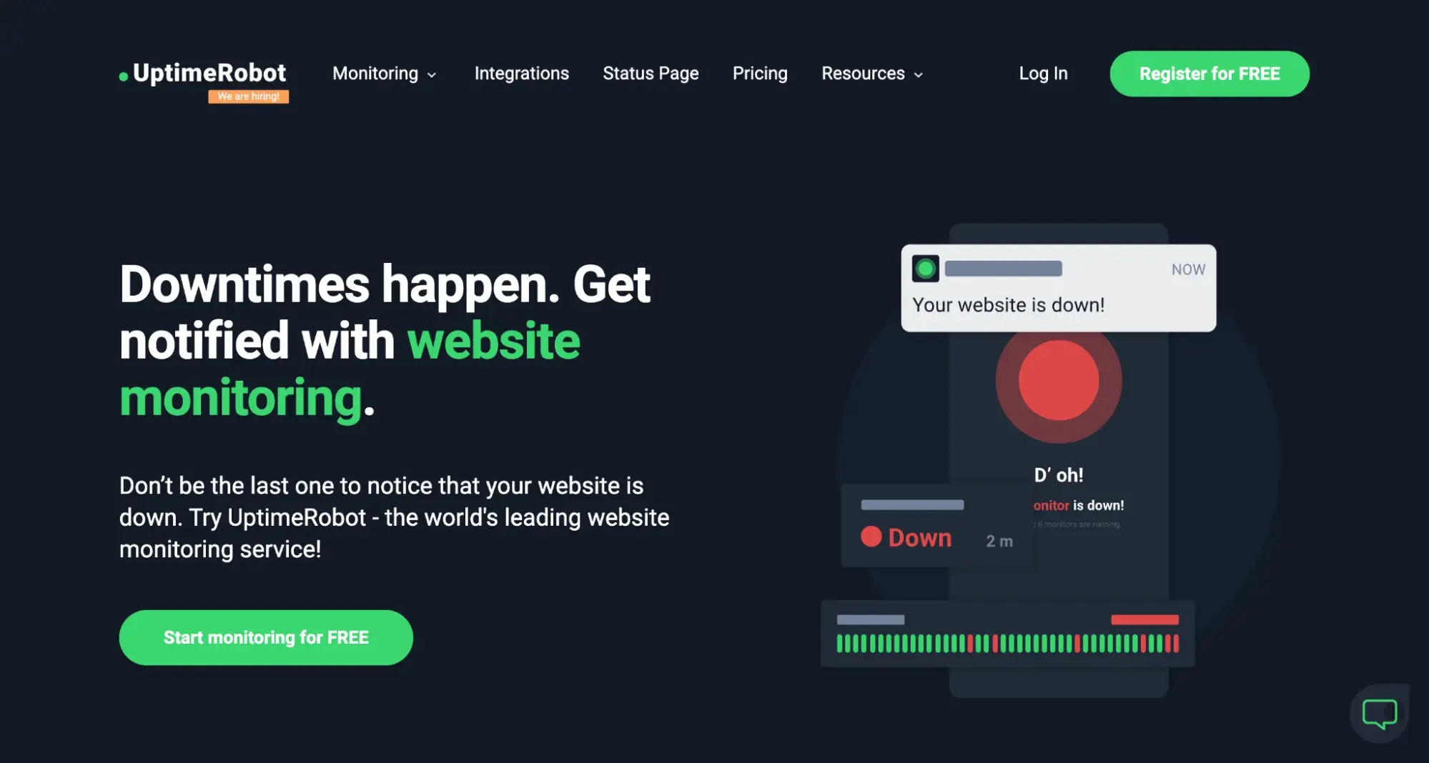 website homepage of uptimerobot, a website uptime monitoring tool
