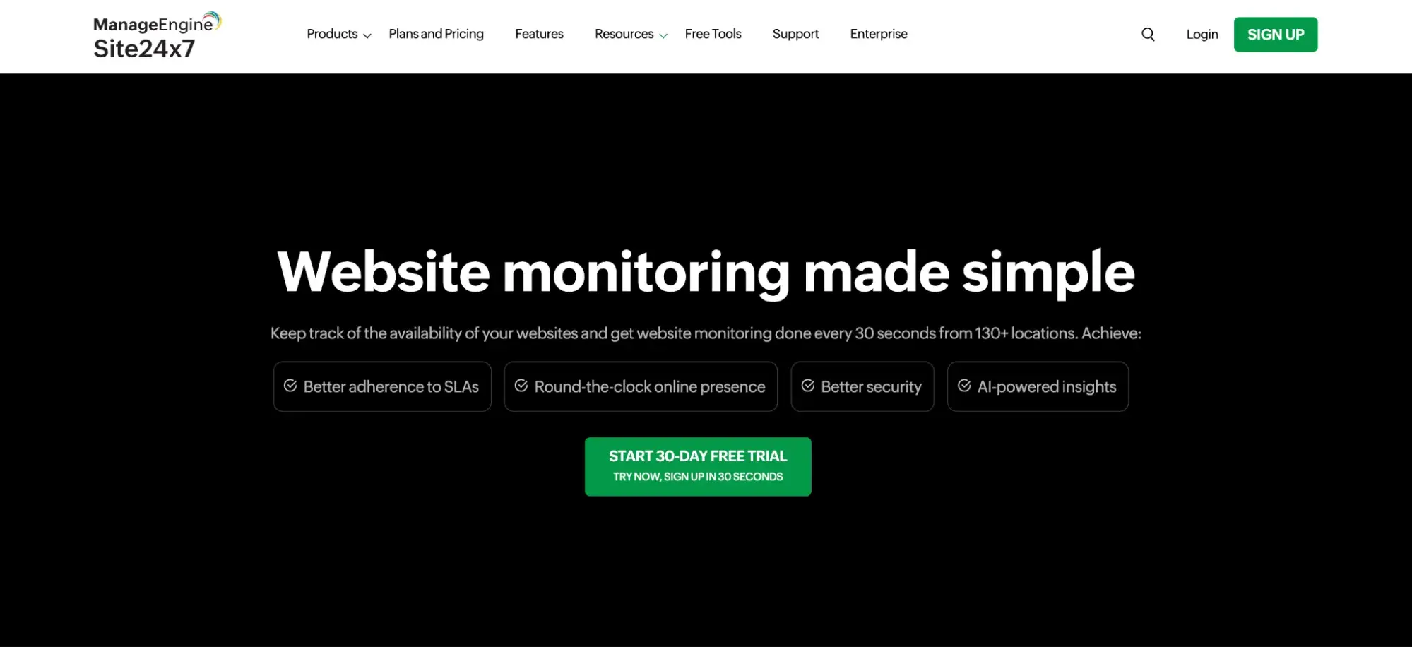website homepage of site24x7, a website uptime monitoring tool