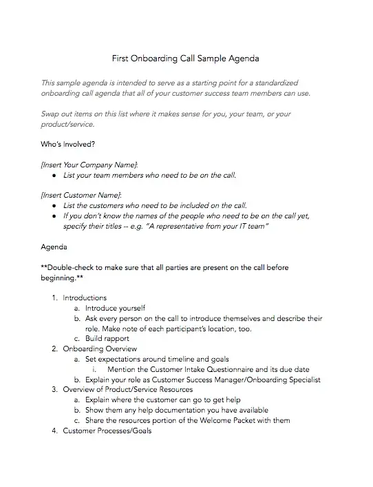 new client checklist, an image showing a first onboarding call sample agenda template to include