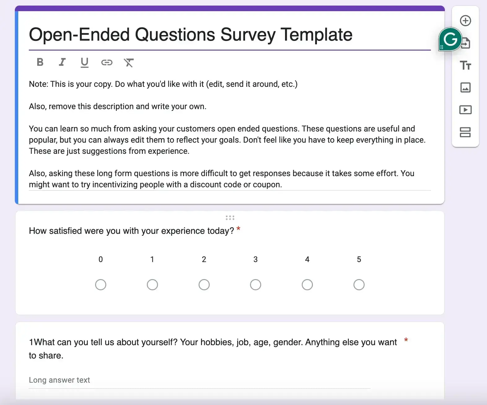 new client checklist, open-ended questions survey template from hubspot