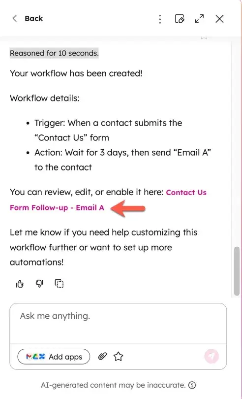 an image showing hubspot service hub��s contact form follow-up email workflow
