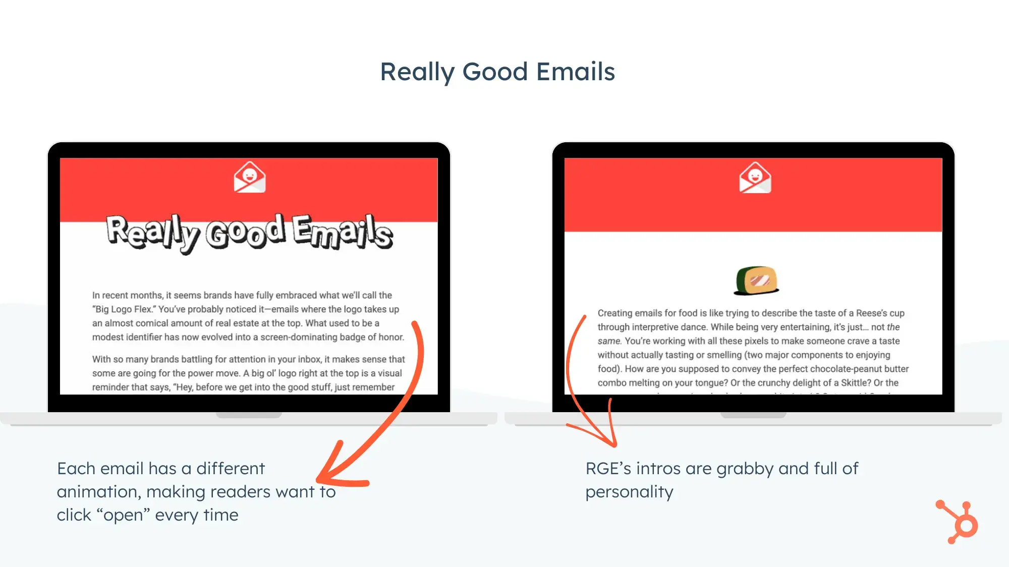 Screencaps of two Really Good Email newsletters. Each email has a different animation, making readers want to click open every time. RGEs intros are grabby and full of personality