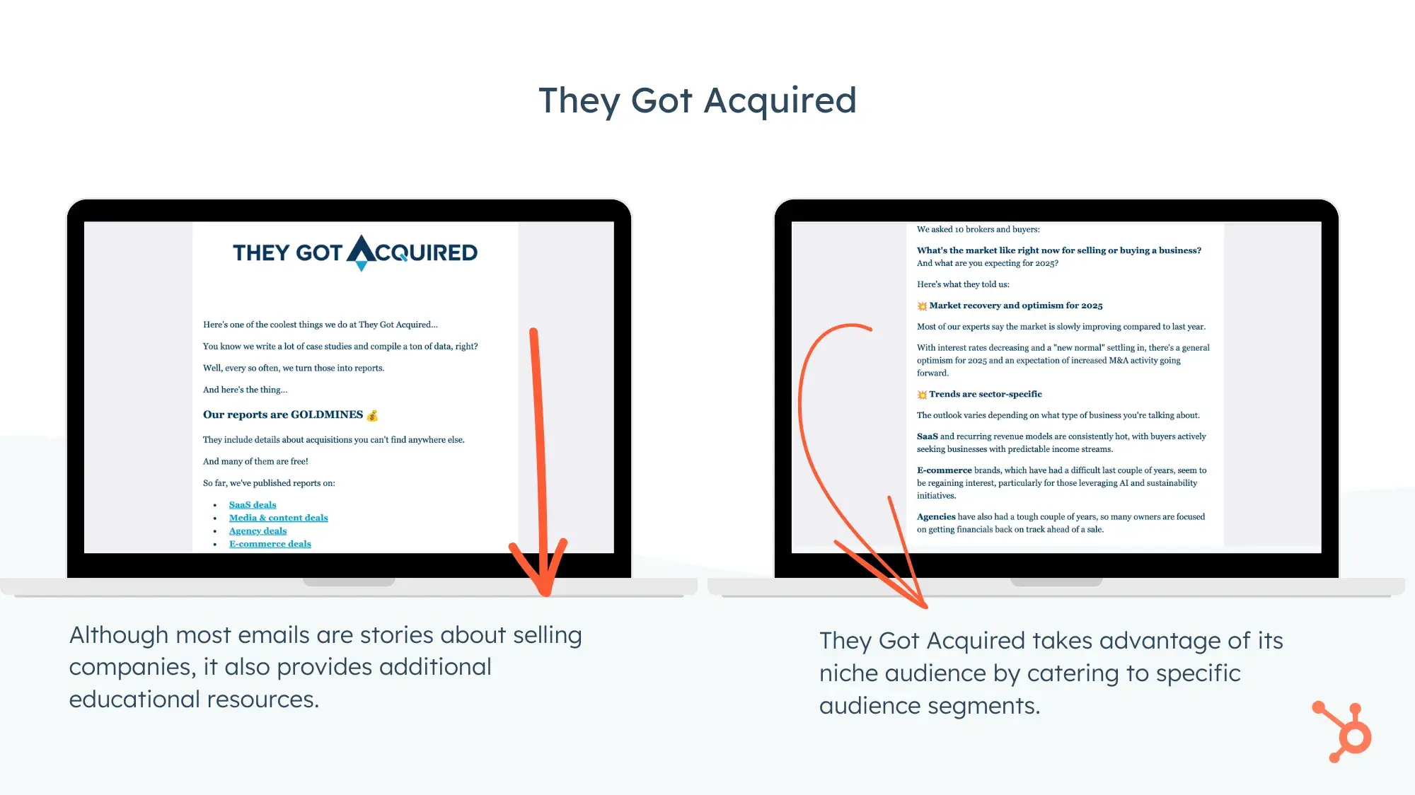 Screencaps of They Got Acquireds email newsletter. Although most emails are stories about selling companies, it also provides additional educational resources. They Got Acquired takes advantage of its niche audience by catering to specific audience segments.